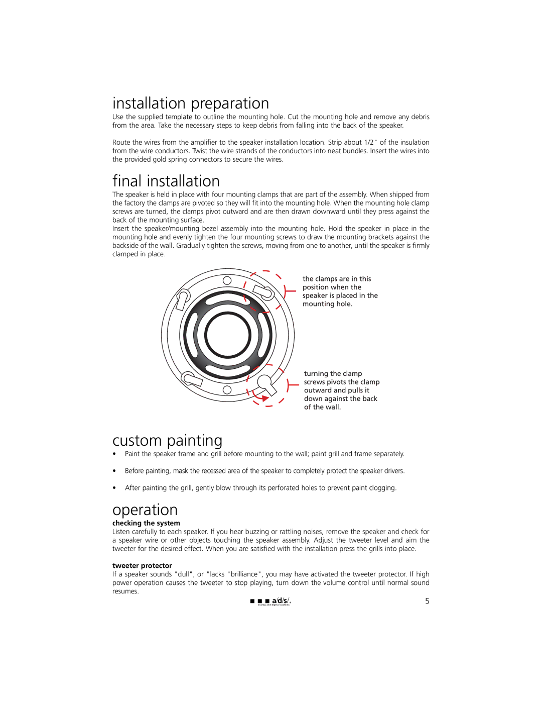 a/d/s/ HT80ic, HT60ic owner manual Installation preparation, Final installation, Custom painting, Operation 