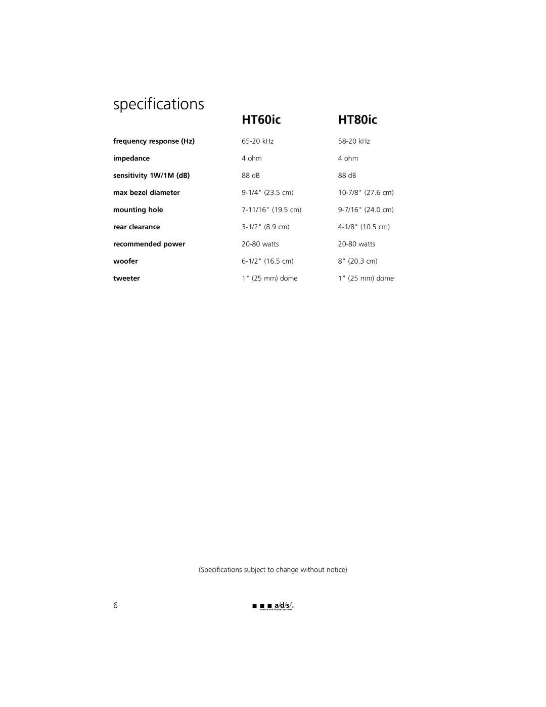 a/d/s/ owner manual Specifications, HT60ic HT80ic 