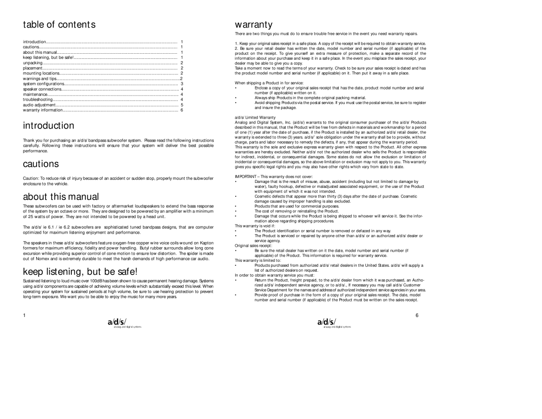 a/d/s/ IE6.1 / IE6.2 owner manual Table of contents, Introduction, About this manual, Keep listening, but be safe, Warranty 