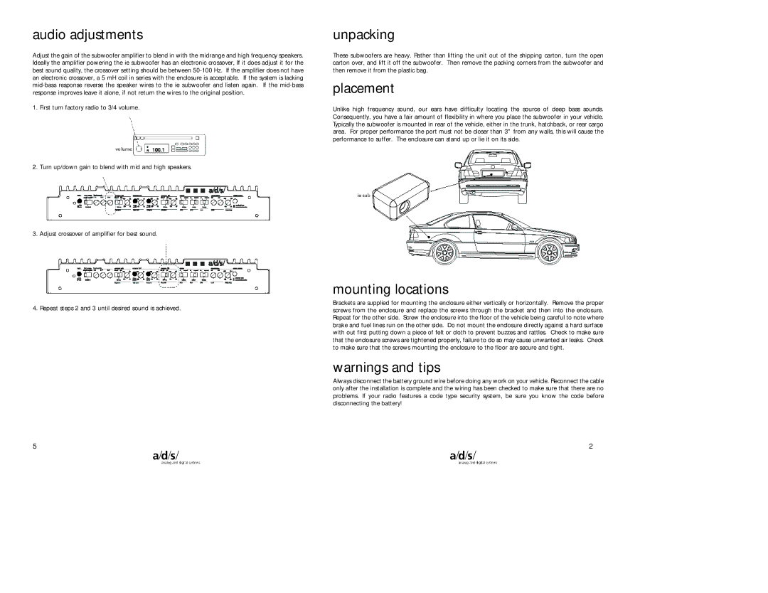 a/d/s/ IE6.1 / IE6.2 owner manual Audio adjustments, Unpacking, Placement, Mounting locations 