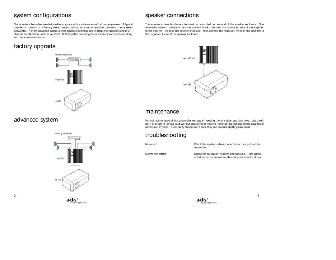 a/d/s/ IE6.1 / IE6.2 owner manual System configurations, Factory upgrade Advanced system Speaker connections, Maintenance 