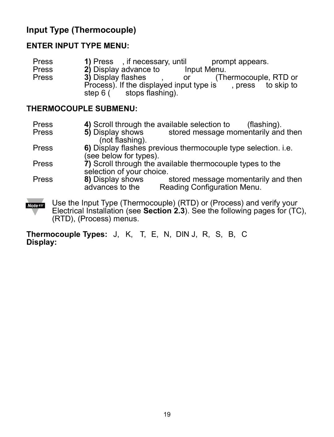 a/d/s/ iSeries manual Input Type Thermocouple, Enter Input Type Menu, Thermocouple Submenu, Thermocouple Types, Display 