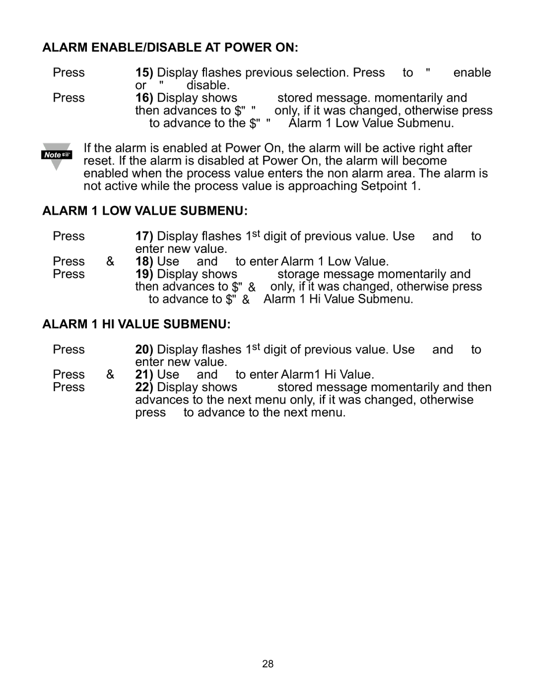 a/d/s/ iSeries manual Alarm ENABLE/DISABLE AT Power on, Alarm 1 LOW Value Submenu, Alarm 1 HI Value Submenu 