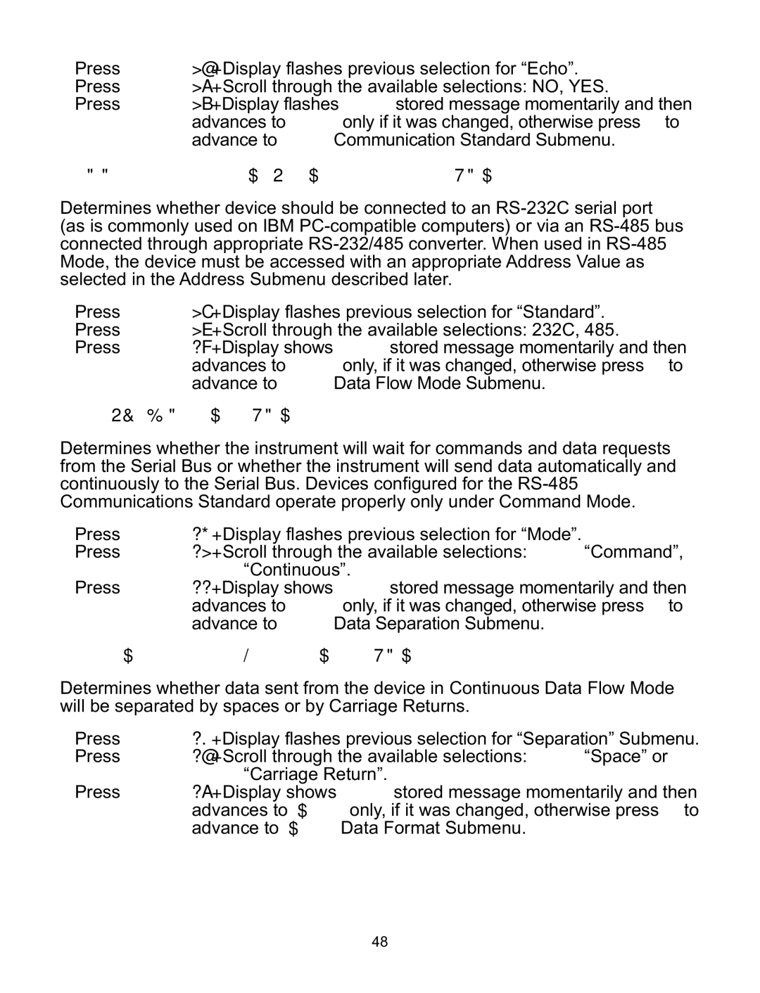 a/d/s/ iSeries manual Communication Interface Standard Submenu, Data Flow Mode Submenu, Data Separation Character Submenu 