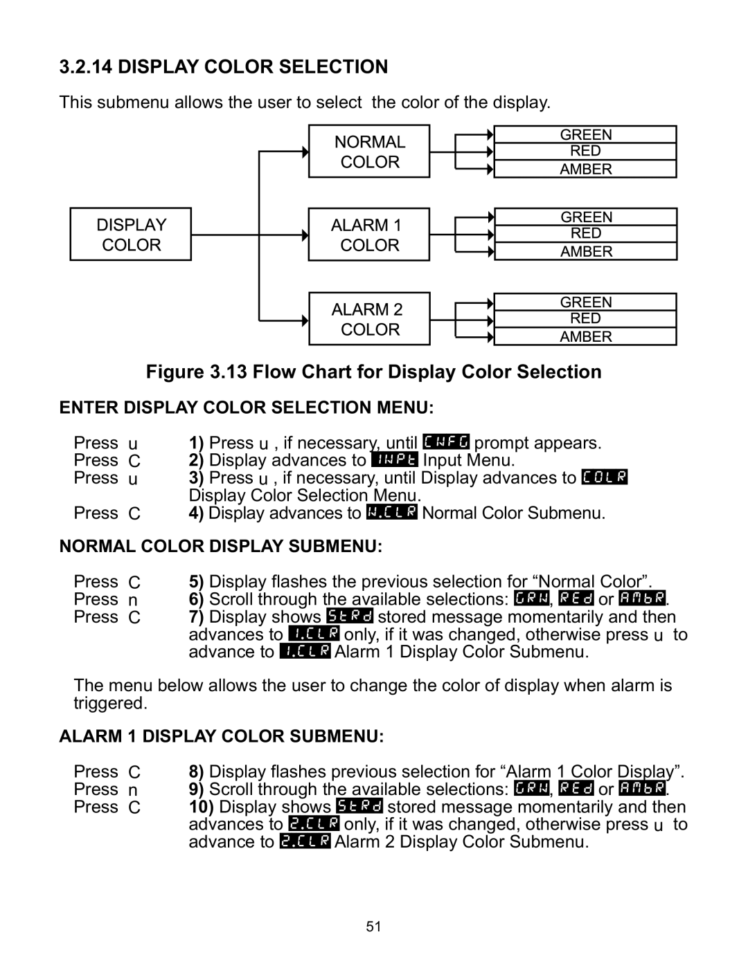 a/d/s/ iSeries manual Enter Display Color Selection Menu, Normal Color Display Submenu, Alarm 1 Display Color Submenu 