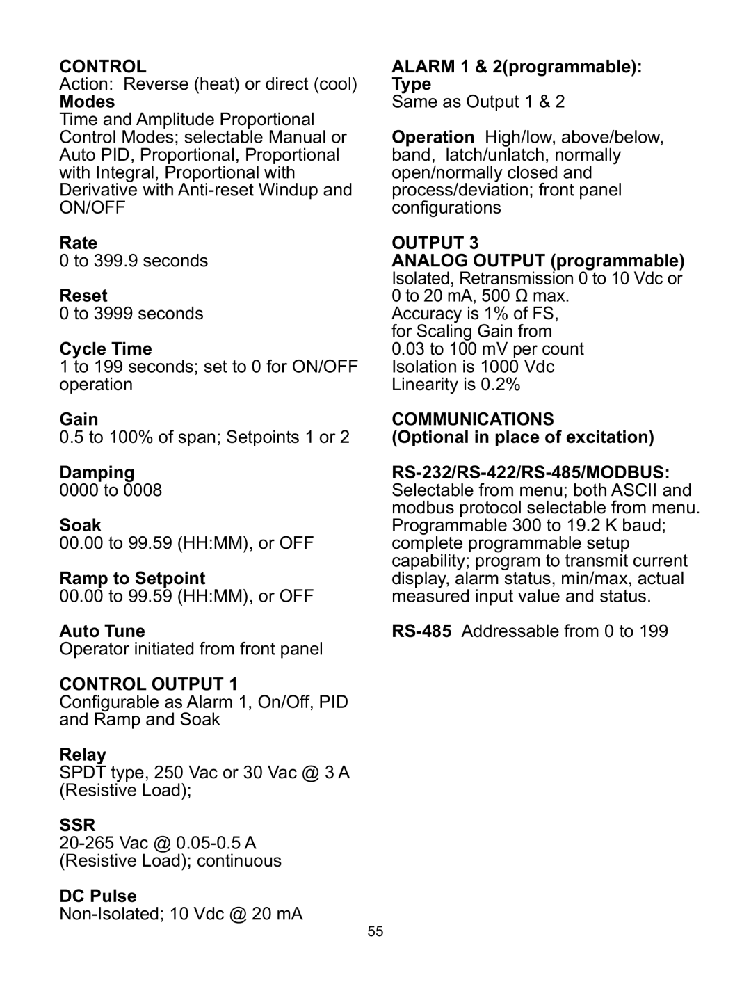 a/d/s/ iSeries manual Control Output, Ssr, Communications 