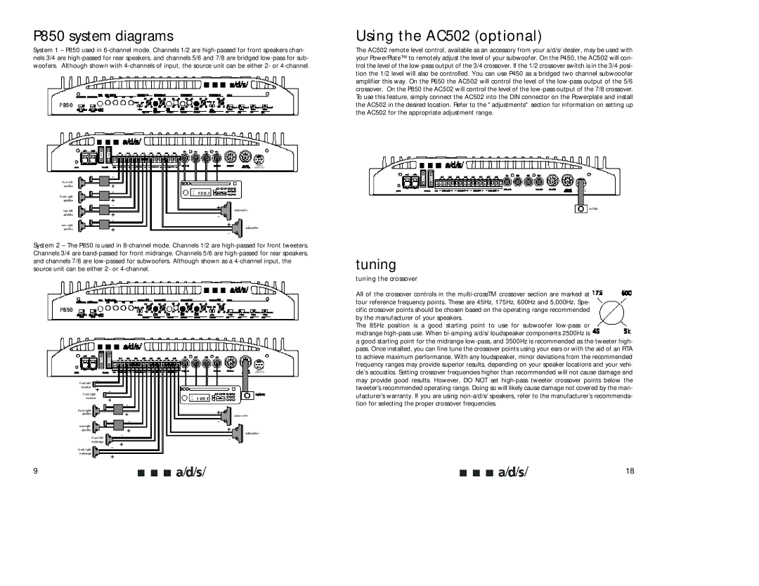 a/d/s/ P450, P650 owner manual P850 system diagrams, Using the AC502 optional, Tuning 