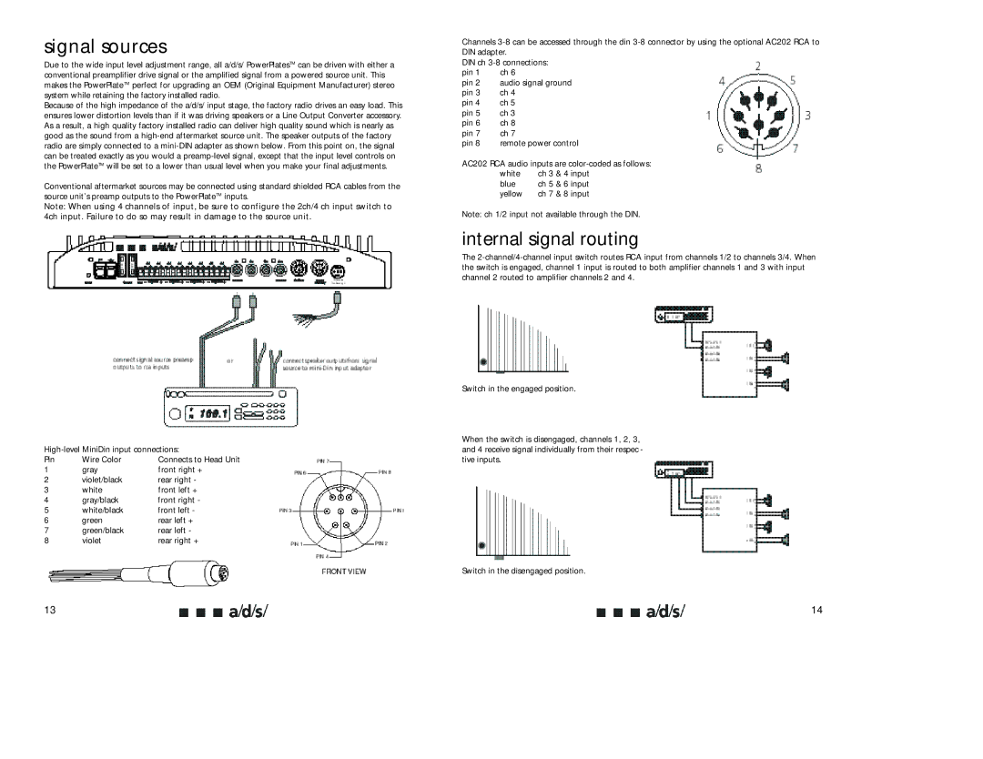 a/d/s/ P850 Signal sources, Internal signal routing, AC202 RCA audio inputs are color-coded as follows White, Blue, Yellow 