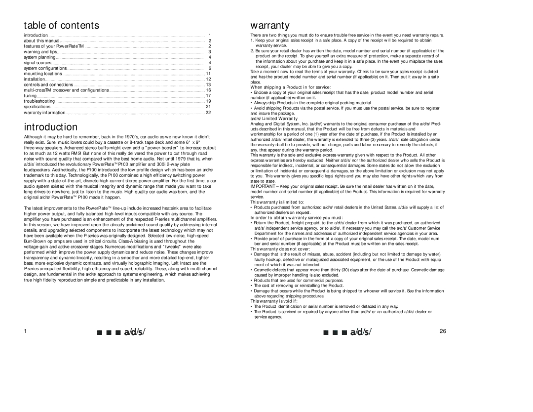 a/d/s/ P850, P650, P450 owner manual Table of contents, Introduction, Warranty 