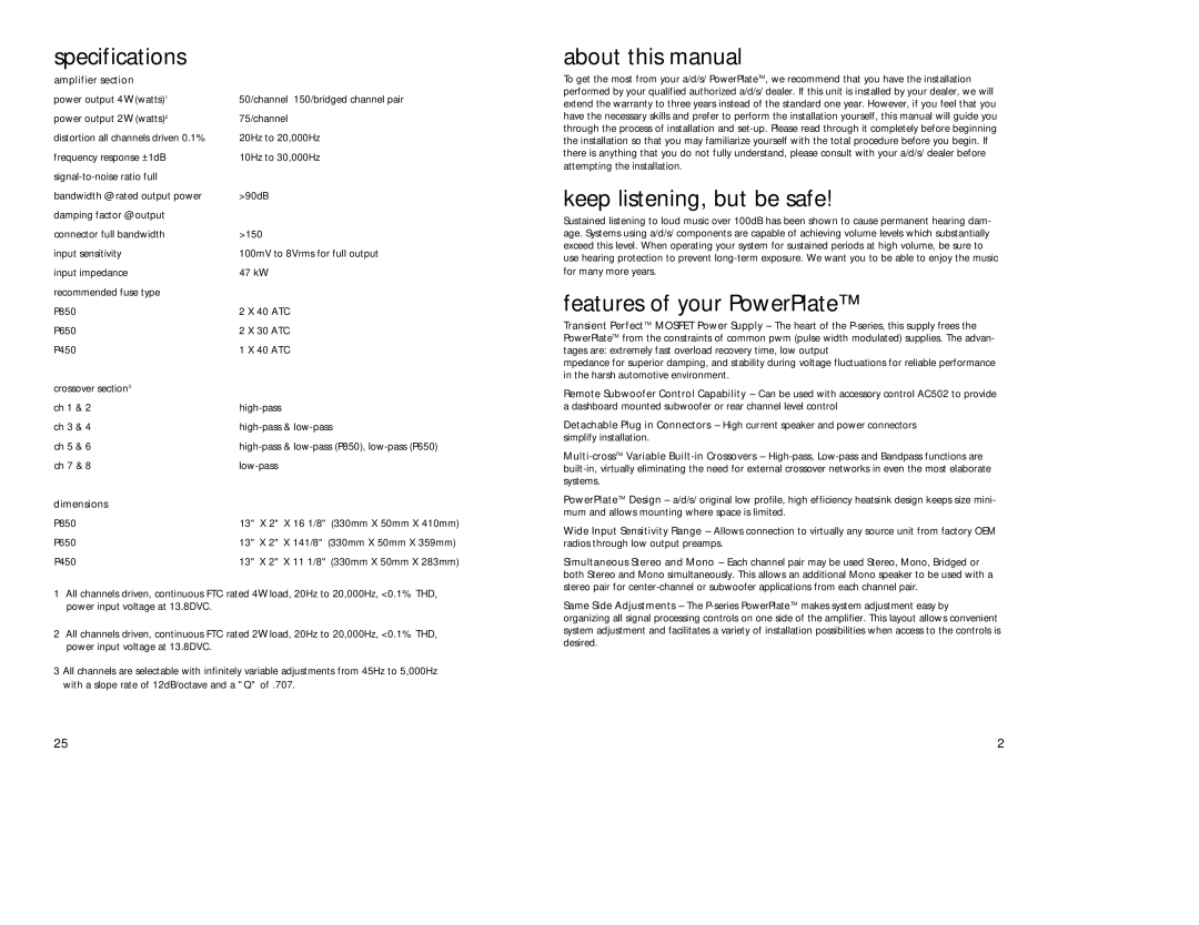 a/d/s/ P650, P450, P850 Specifications, About this manual, Keep listening, but be safe, Features of your PowerPlate 