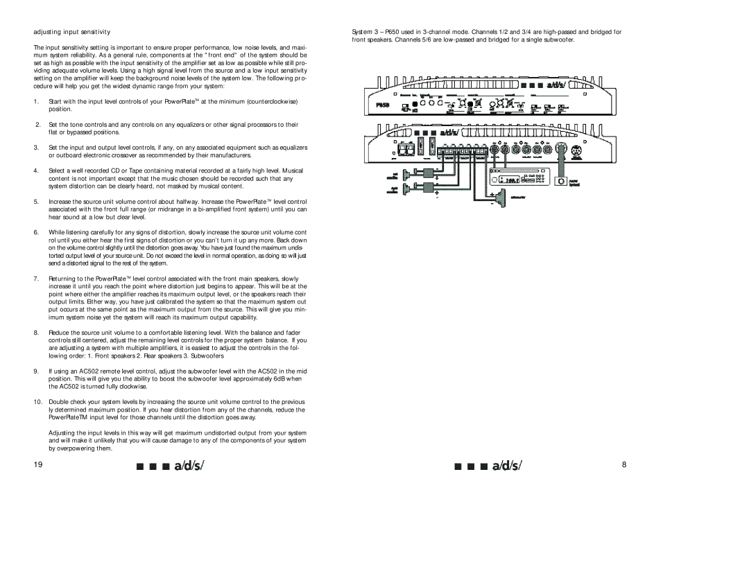 a/d/s/ P650, P450, P850 owner manual Adjusting input sensitivity 