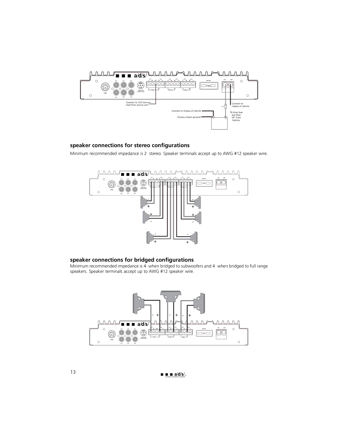 a/d/s/ PH30.2 manual Speaker connections for stereo configurations, Speaker connections for bridged configurations 