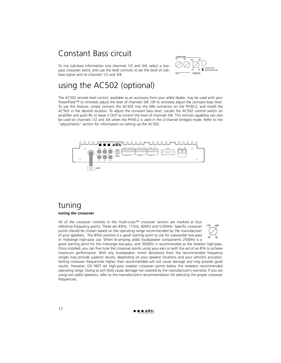 a/d/s/ PH30.2 manual Constant Bass circuit, Using the AC502 optional, Tuning the crossover 