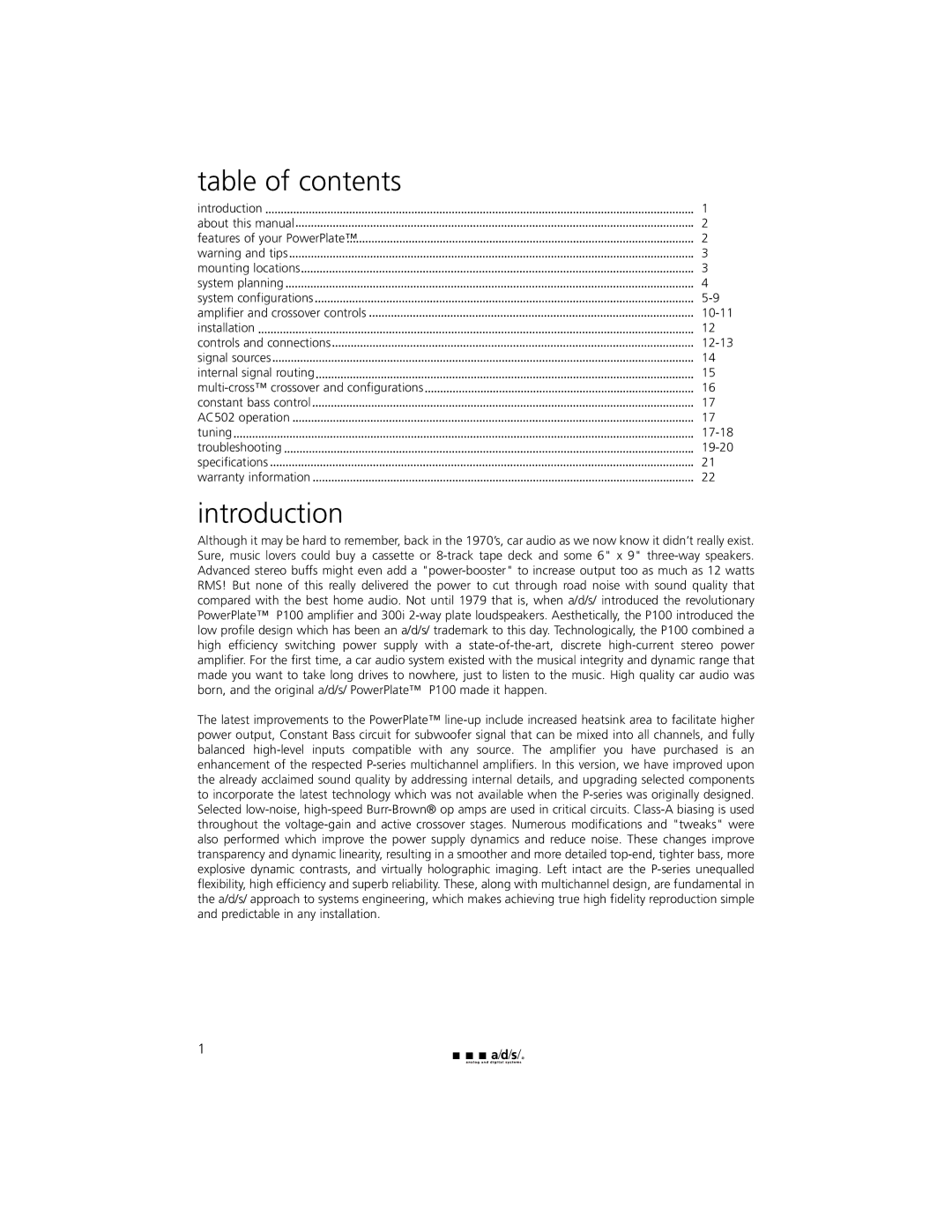 a/d/s/ PH30.2 manual Table of contents, Introduction 