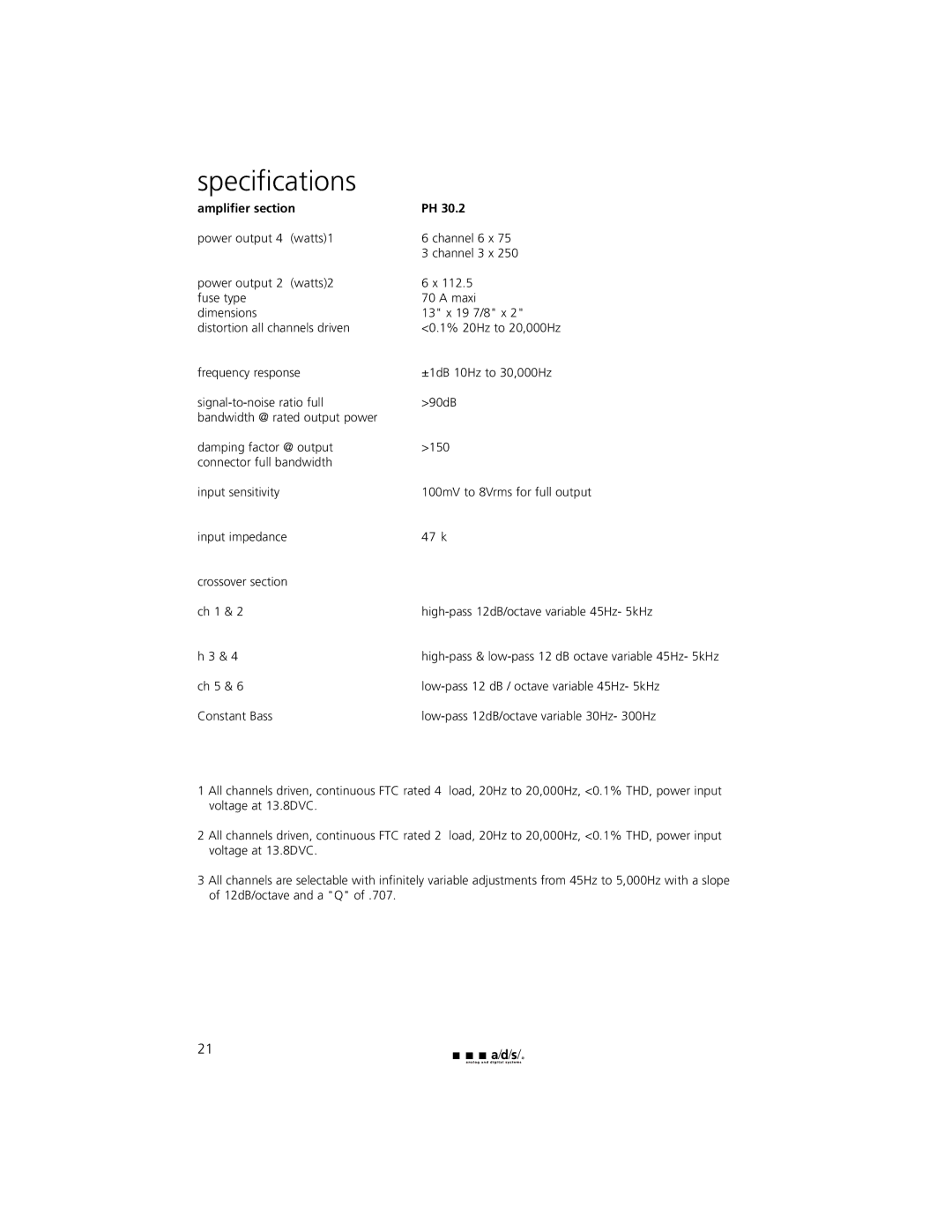 a/d/s/ PH30.2 manual Specifications, Amplifier section 