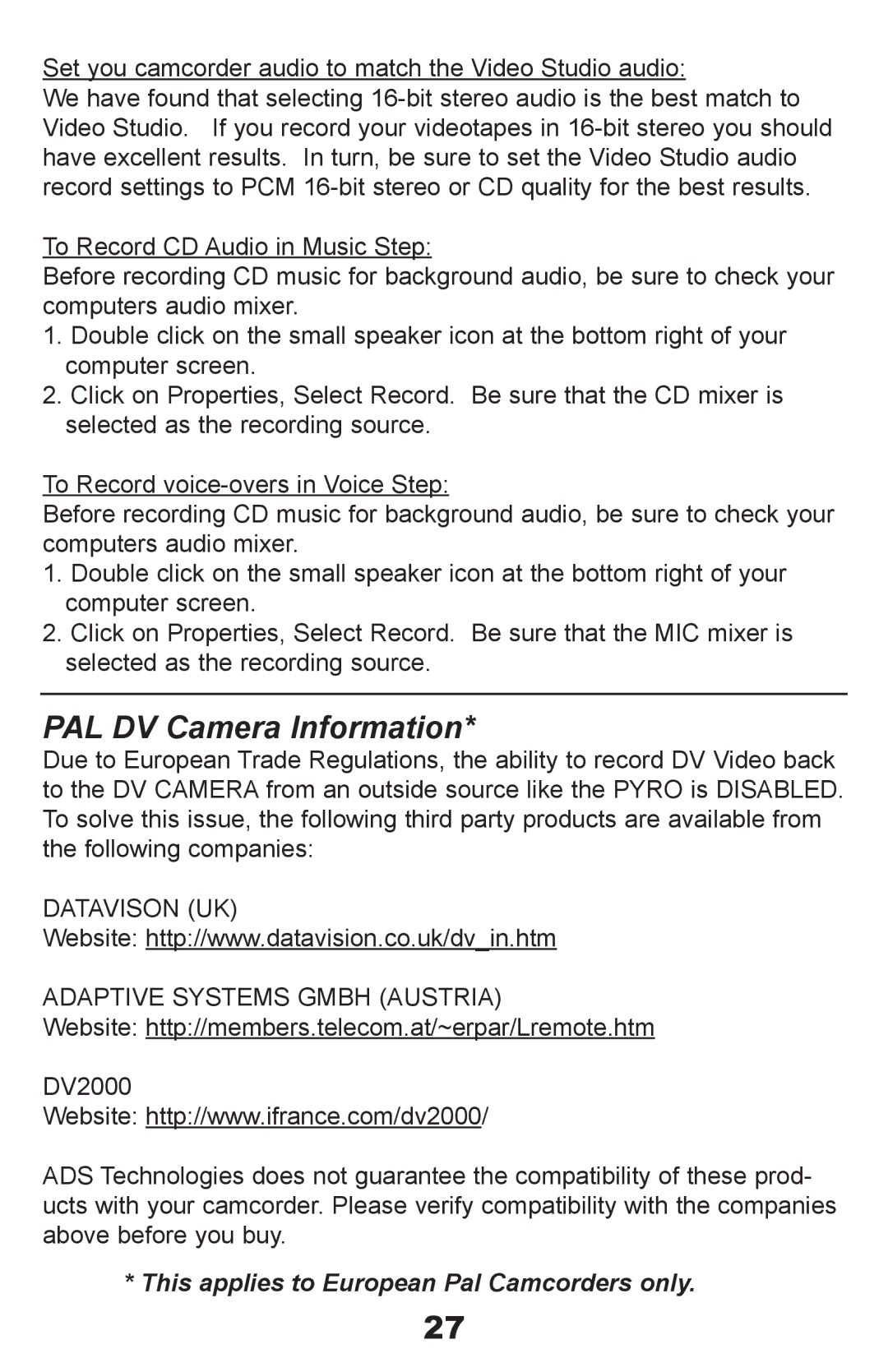 ADS Technologies API-408 manual PAL DV Camera Information, Datavison UK Adaptive Systems Gmbh Austria 