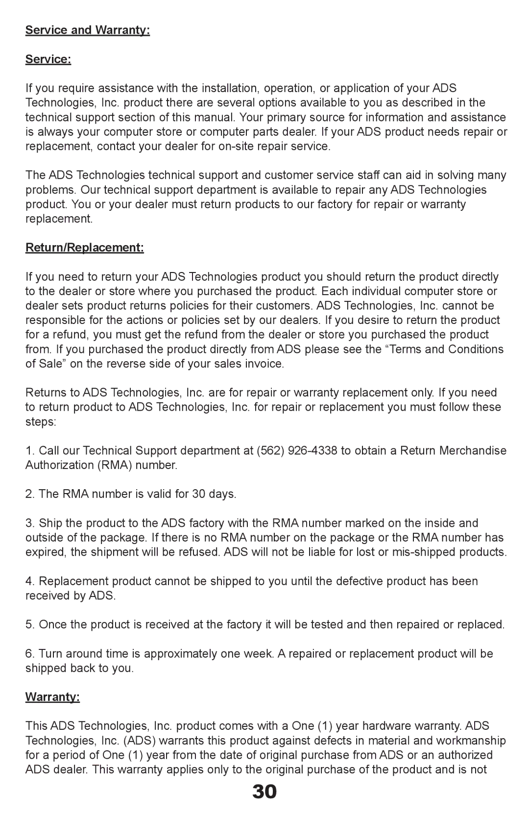 ADS Technologies API-408 manual Service and Warranty 