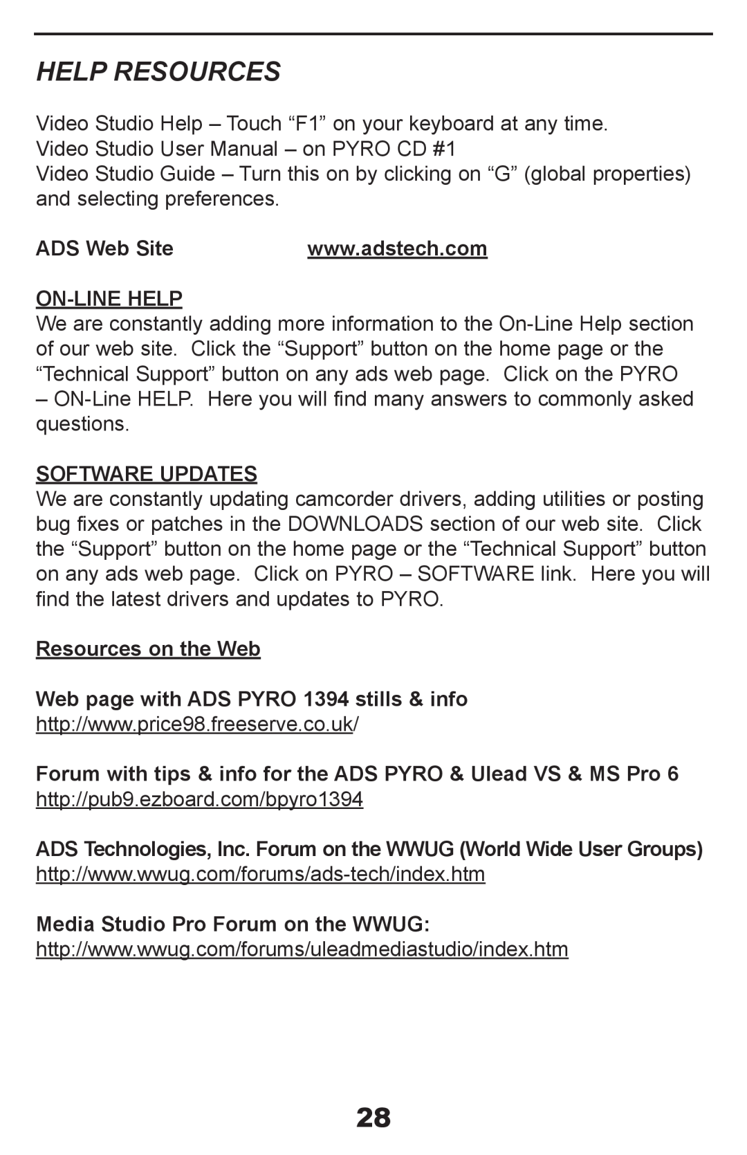 ADS Technologies API-408 Help Resources, ADS Web Site, On-Line Help, Software Updates, Media Studio Pro Forum on the WWUG 