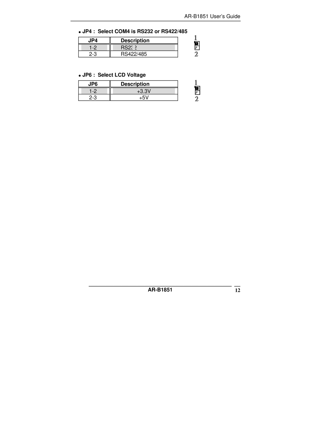 ADS Technologies manual JP4 Select COM4 is RS232 or RS422/485, Description, JP6 Select LCD Voltage, AR-B185112 