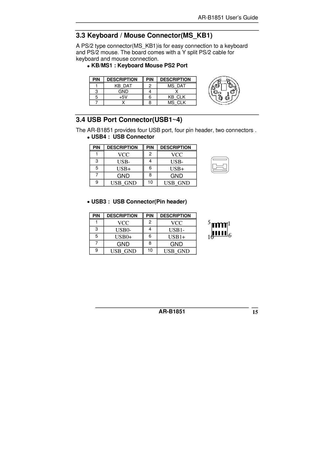 ADS Technologies AR-B1851 manual Keyboard / Mouse ConnectorMSKB1, USB Port ConnectorUSB1~4 