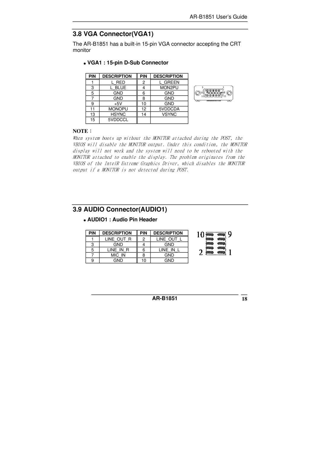 ADS Technologies AR-B1851 VGA ConnectorVGA1, Audio ConnectorAUDIO1, VGA1 15-pin D-Sub Connector, AUDIO1 Audio Pin Header 