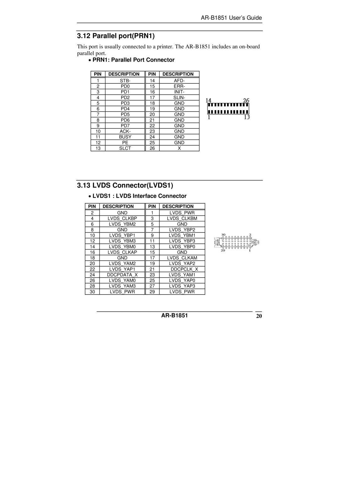 ADS Technologies AR-B1851 manual Parallel portPRN1, Lvds ConnectorLVDS1, PRN1 Parallel Port Connector 