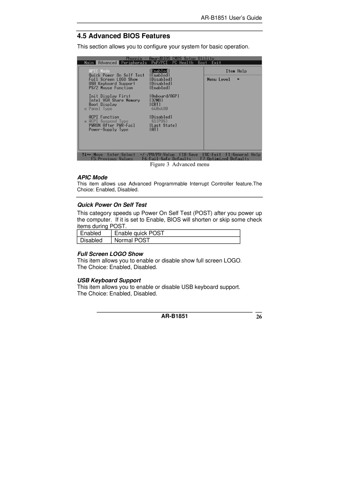 ADS Technologies AR-B1851 manual Advanced Bios Features, Apic Mode, Quick Power On Self Test, Full Screen Logo Show 