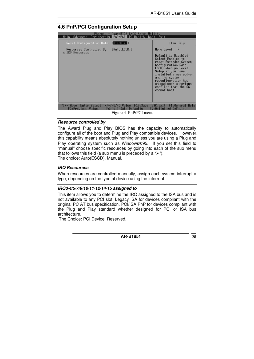 ADS Technologies manual PnP/PCI Configuration Setup, Resource controlled by, IRQ Resources, AR-B185128 