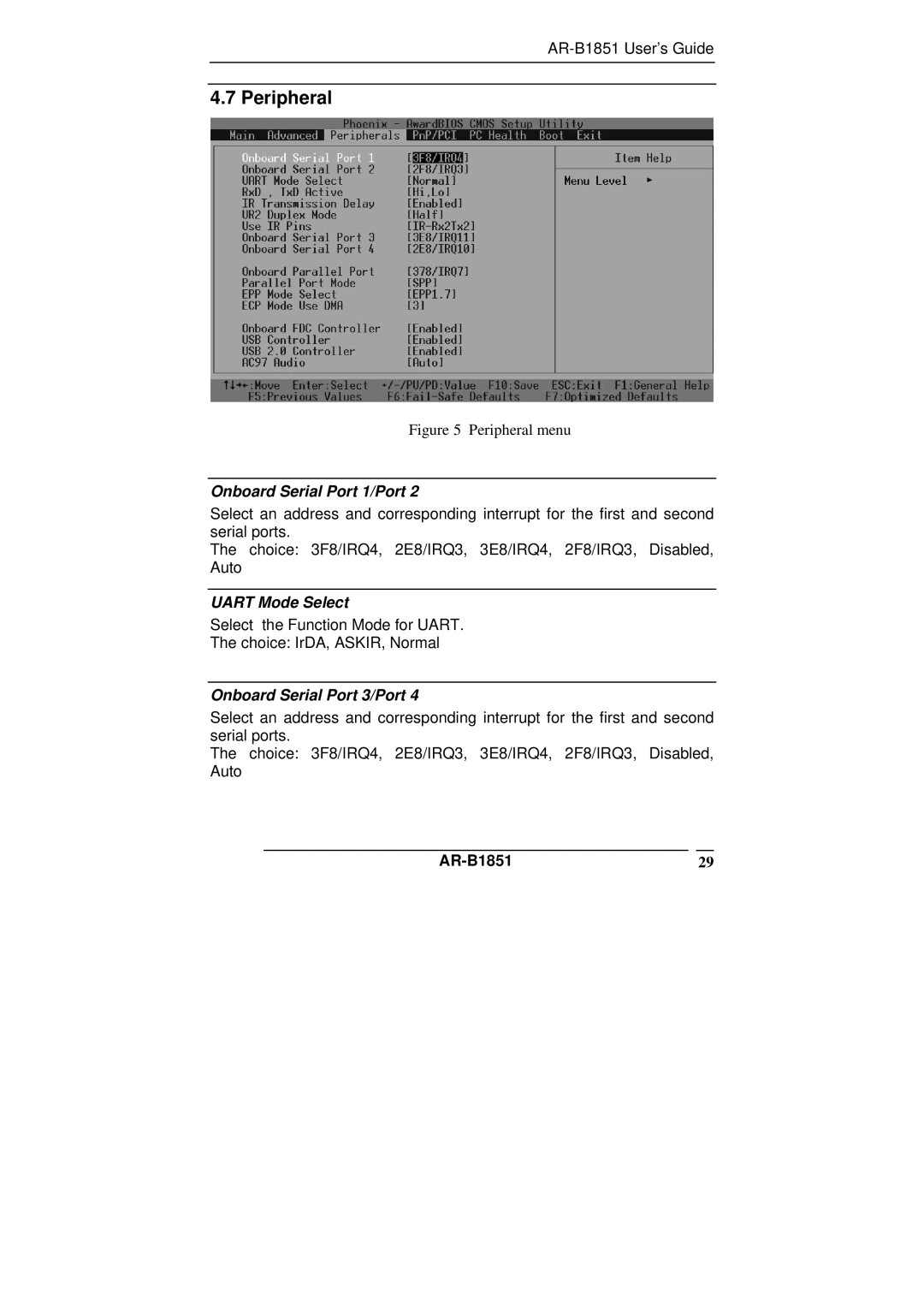 ADS Technologies manual Peripheral, Onboard Serial Port 1/Port, Uart Mode Select, Onboard Serial Port 3/Port, AR-B185129 