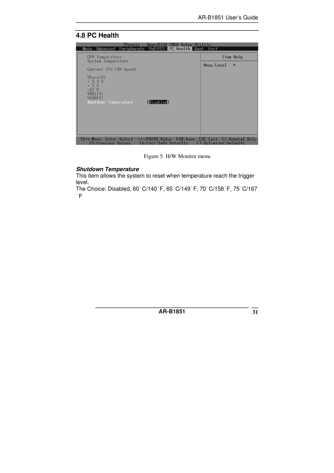 ADS Technologies manual PC Health, Shutdown Temperature, AR-B185131 