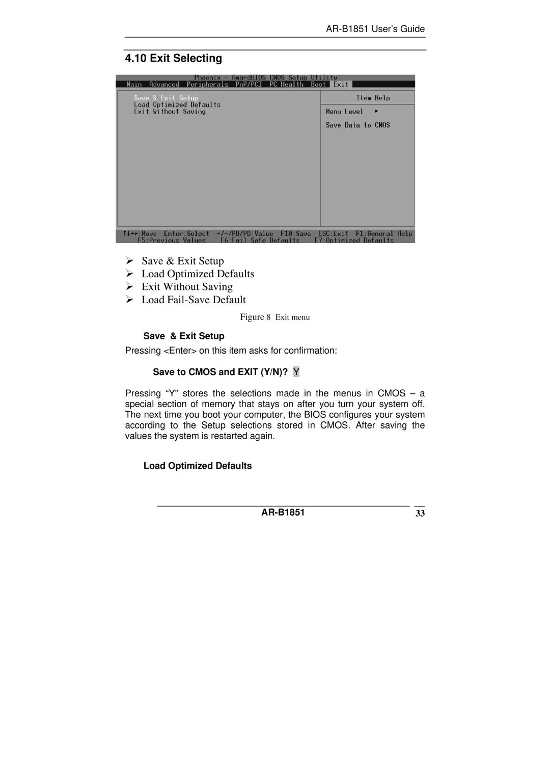 ADS Technologies AR-B1851 manual Exit Selecting, Save & Exit Setup, Save to Cmos and Exit Y/N? Y 