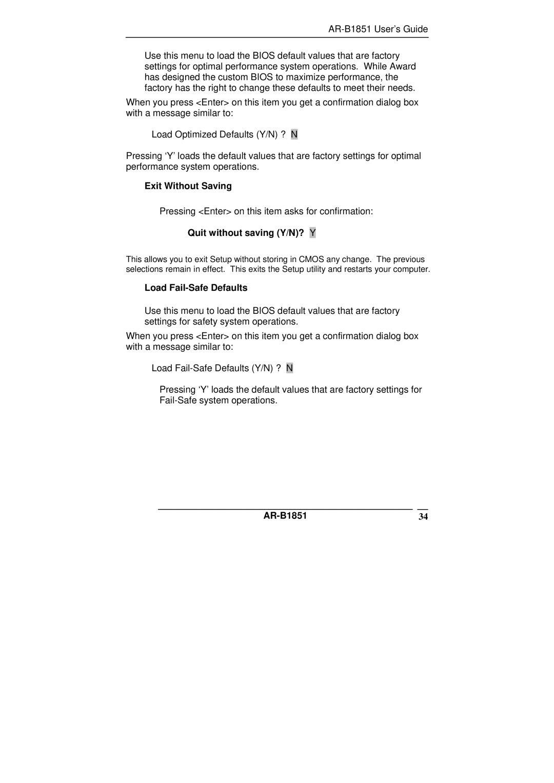 ADS Technologies manual Exit Without Saving, Quit without saving Y/N? Y, Load Fail-Safe Defaults, AR-B185134 