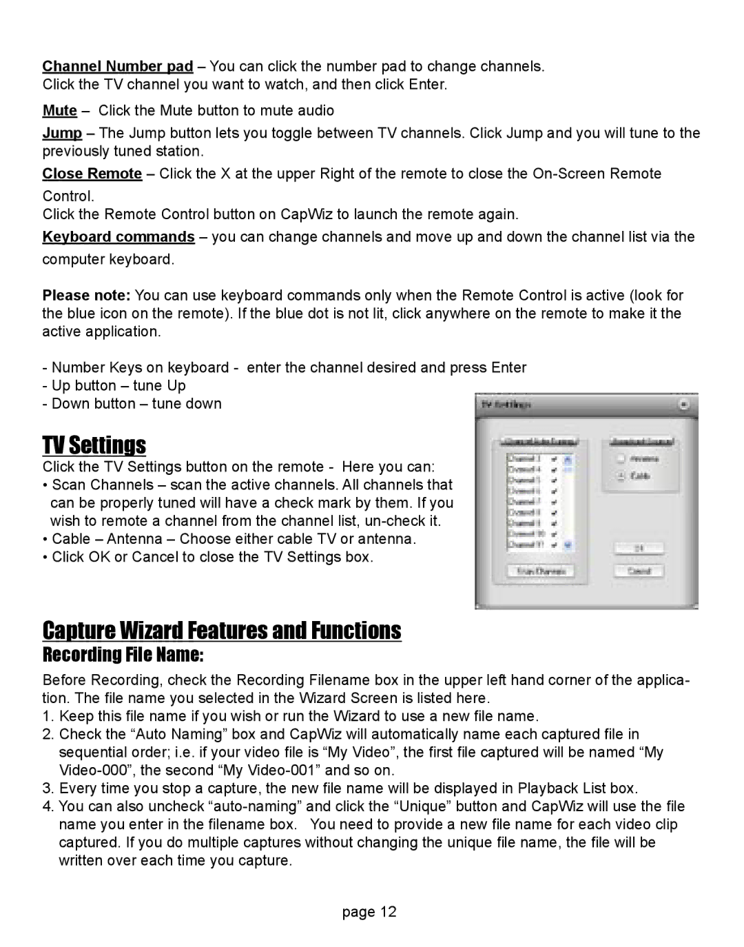 ADS Technologies CD or DVD Hardware manual TV Settings, Capture Wizard Features and Functions, Recording File Name 