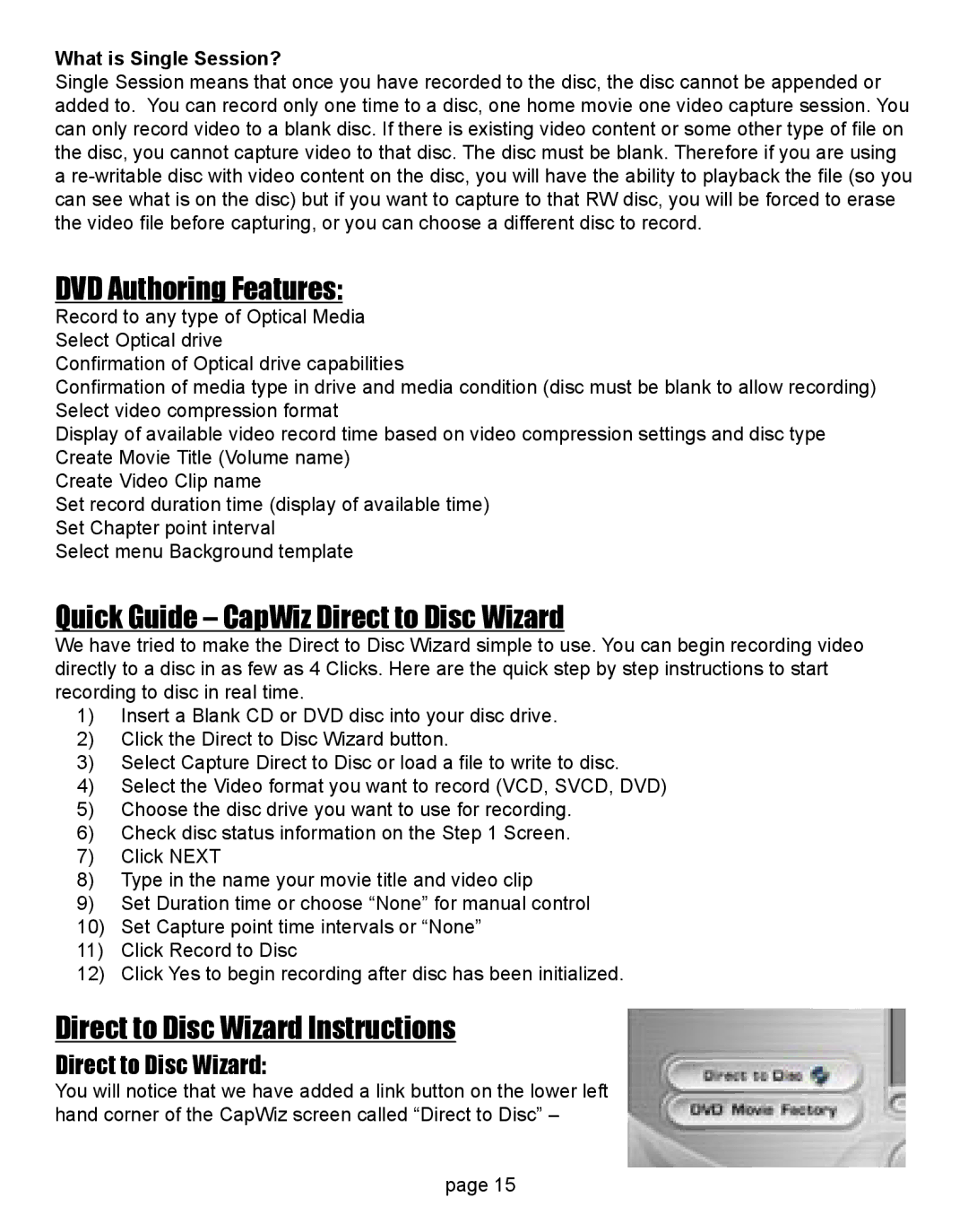 ADS Technologies CD or DVD Hardware manual DVD Authoring Features, Quick Guide CapWiz Direct to Disc Wizard 