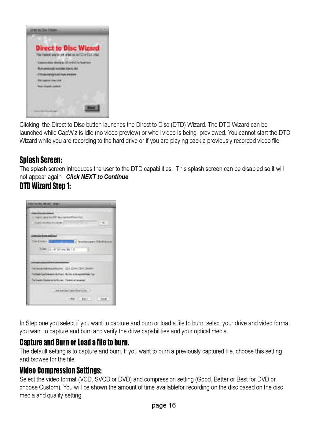 ADS Technologies CD or DVD Hardware manual Splash Screen, DTD Wizard Step, Capture and Burn or Load a file to burn 