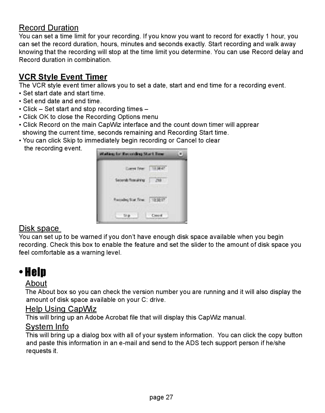 ADS Technologies CD or DVD Hardware manual Record Duration, Disk space, About, Help Using CapWiz, System Info 