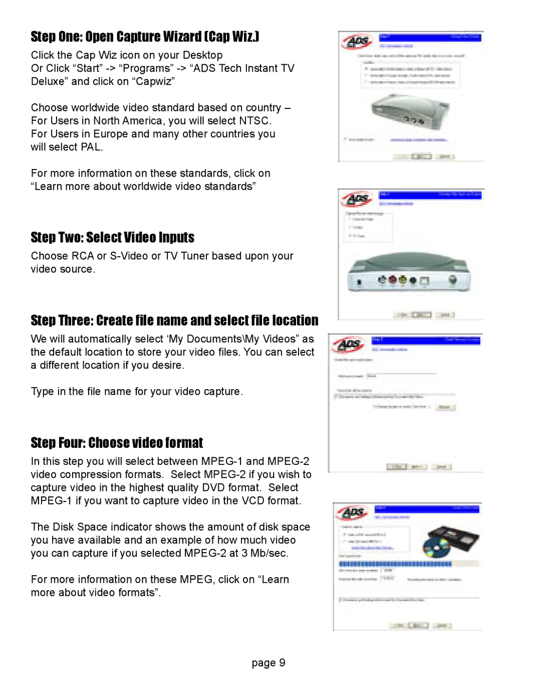 ADS Technologies CD or DVD Hardware manual Step One Open Capture Wizard Cap Wiz, Step Two Select Video Inputs 