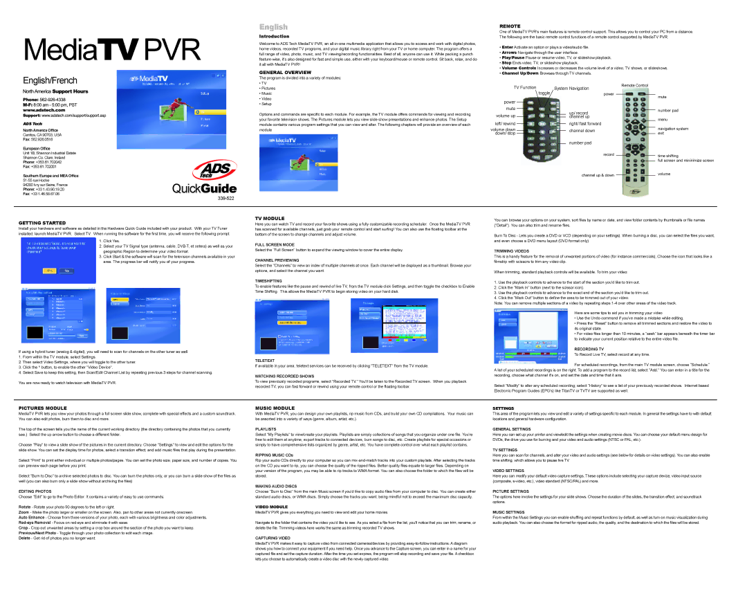 ADS Technologies DVR manual General Overview Remote, Getting Started, TV Module, Pictures Module, Music Module 