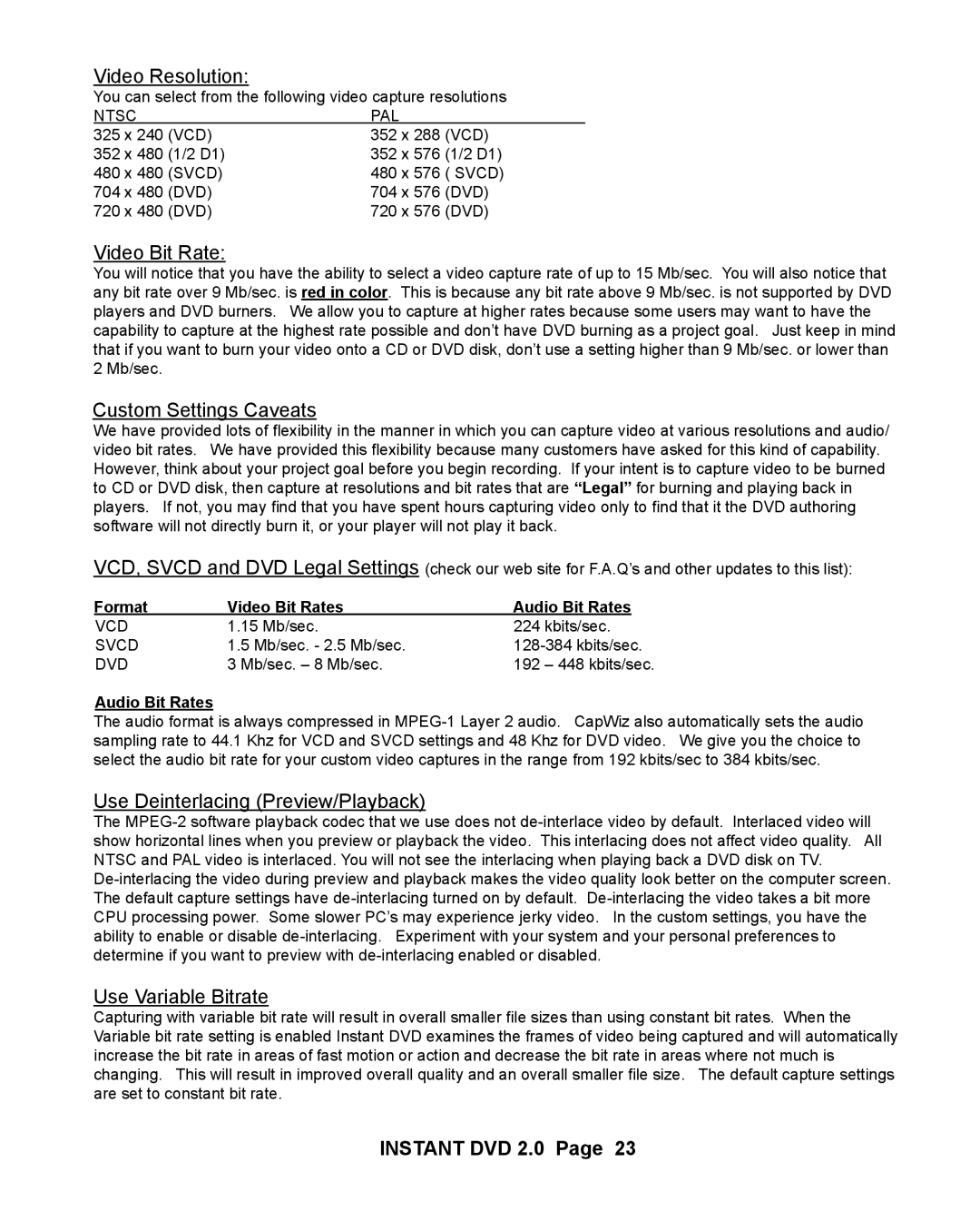 ADS Technologies ELT-201 Video Resolution, Video Bit Rate, Custom Settings Caveats, Use Deinterlacing Preview/Playback 