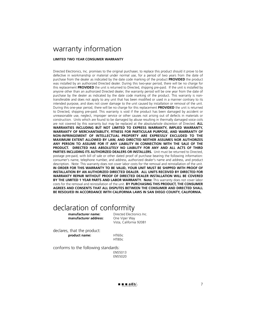 ADS Technologies HT60IC, HT80IC owner manual Warranty information, Declaration of conformity 