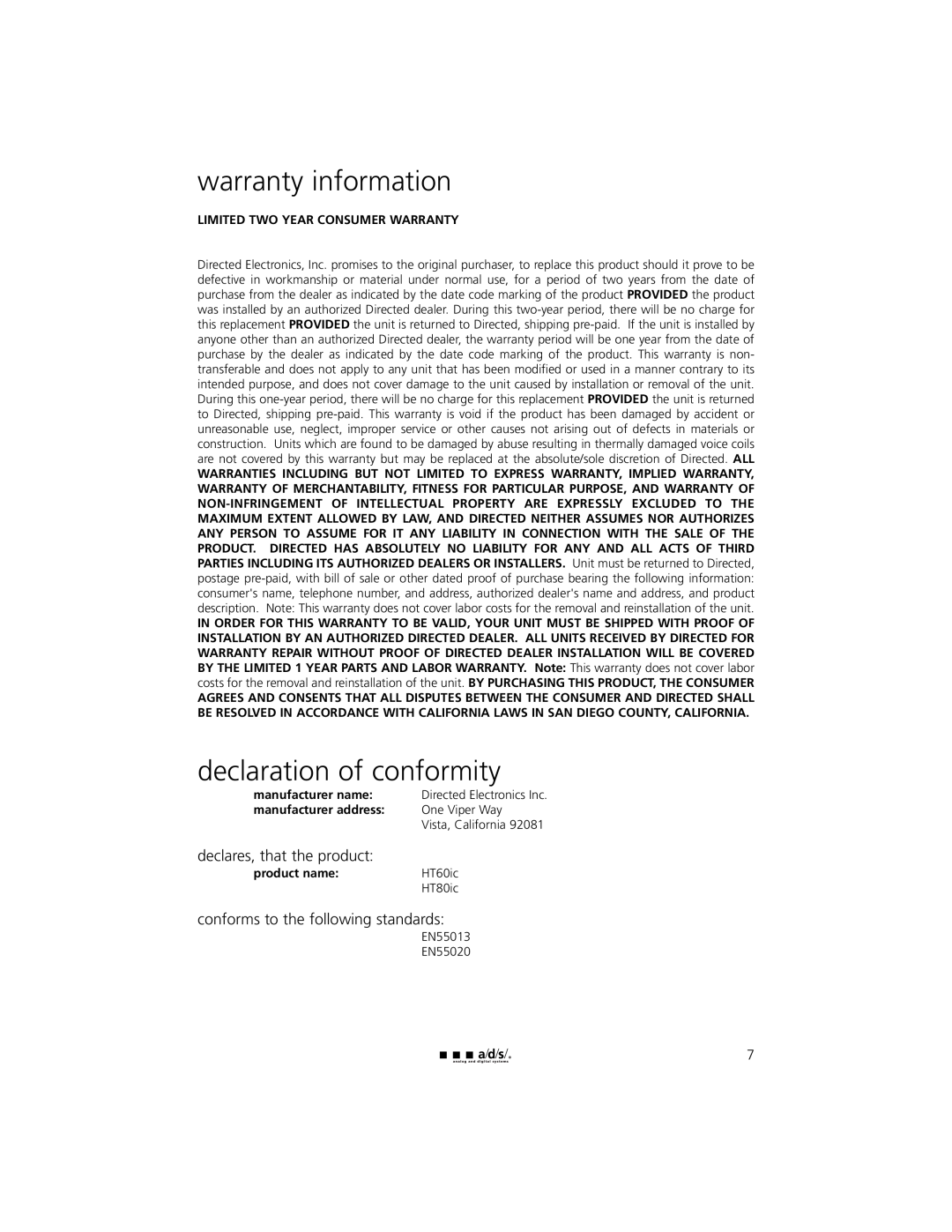 ADS Technologies HT60IC warranty information, declaration of conformity, declares, that the product, manufacturer name 