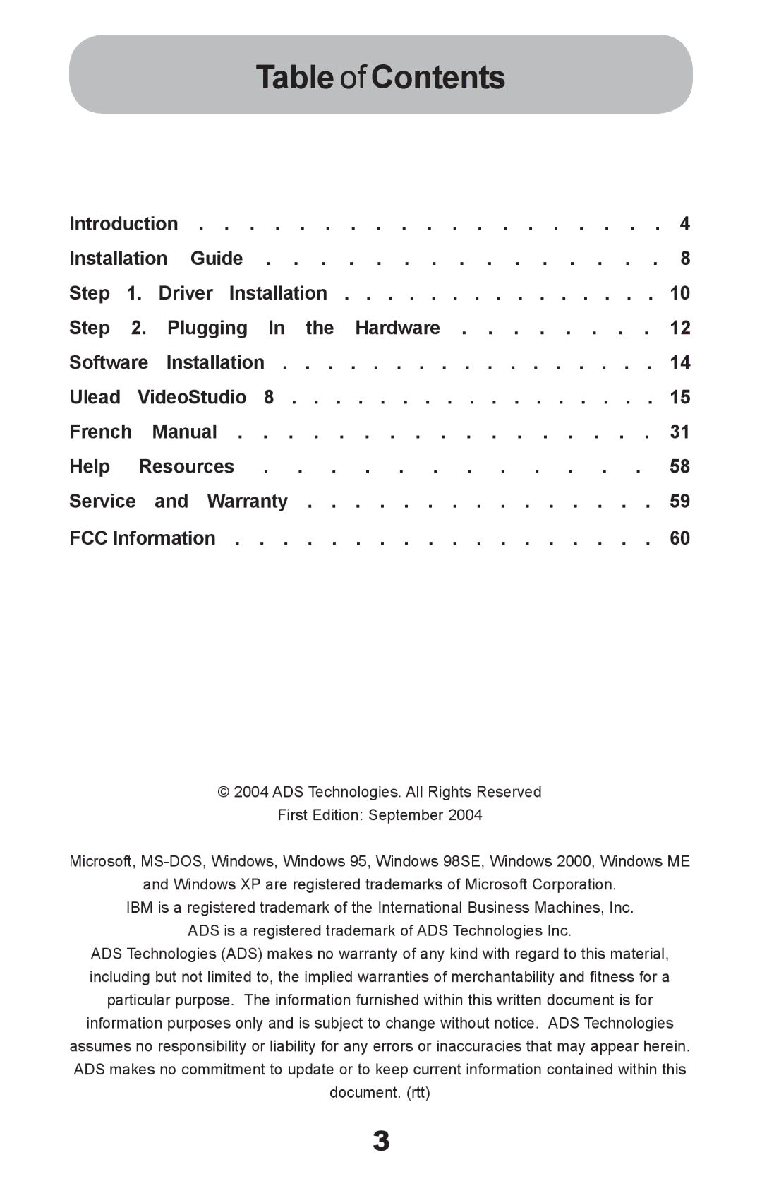 ADS Technologies Instant Video PCI manual Table of Contents 