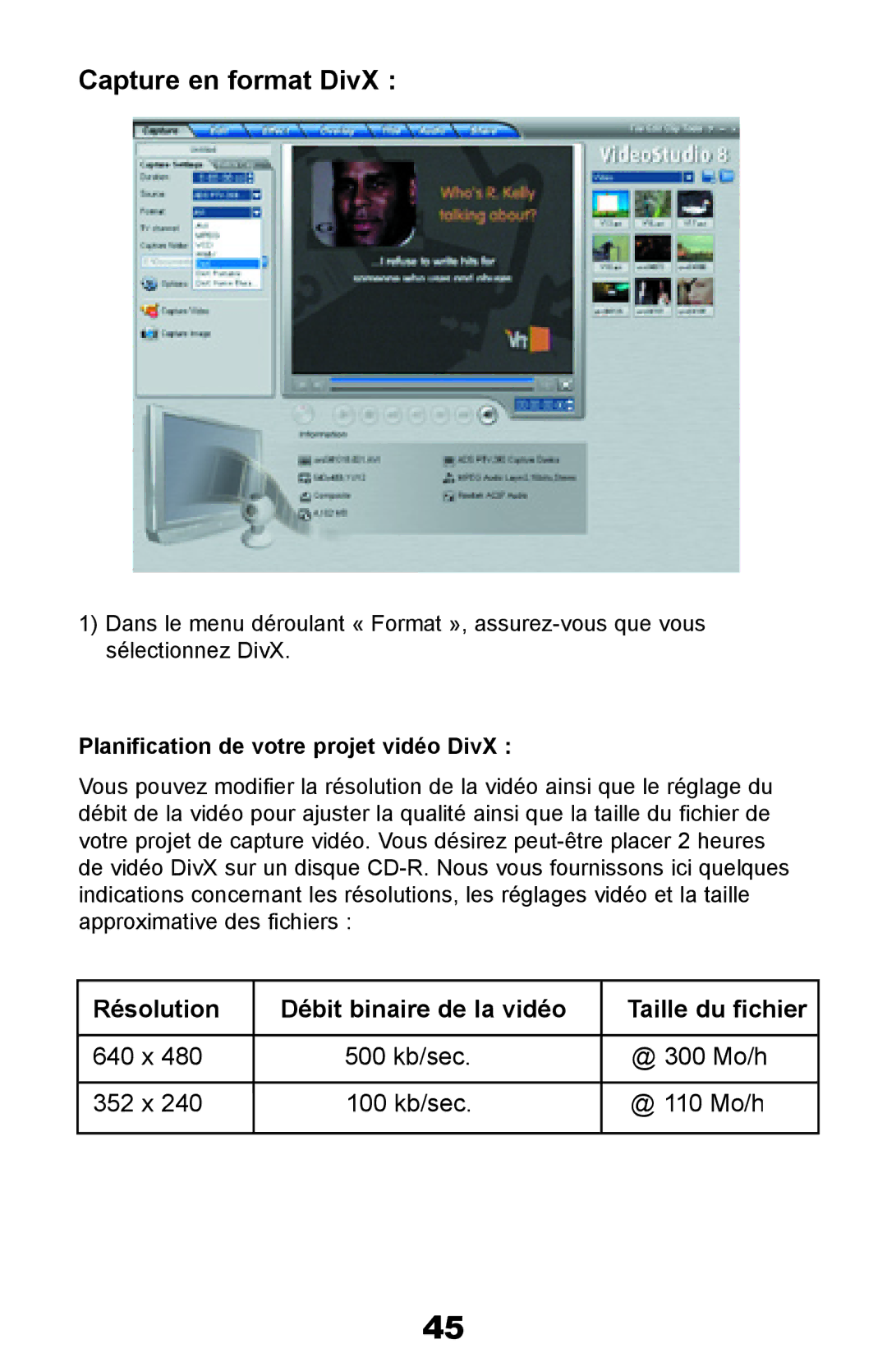 ADS Technologies Instant Video PCI Capture en format DivX, Planification de votre projet vidéo DivX, Taille du fichier 