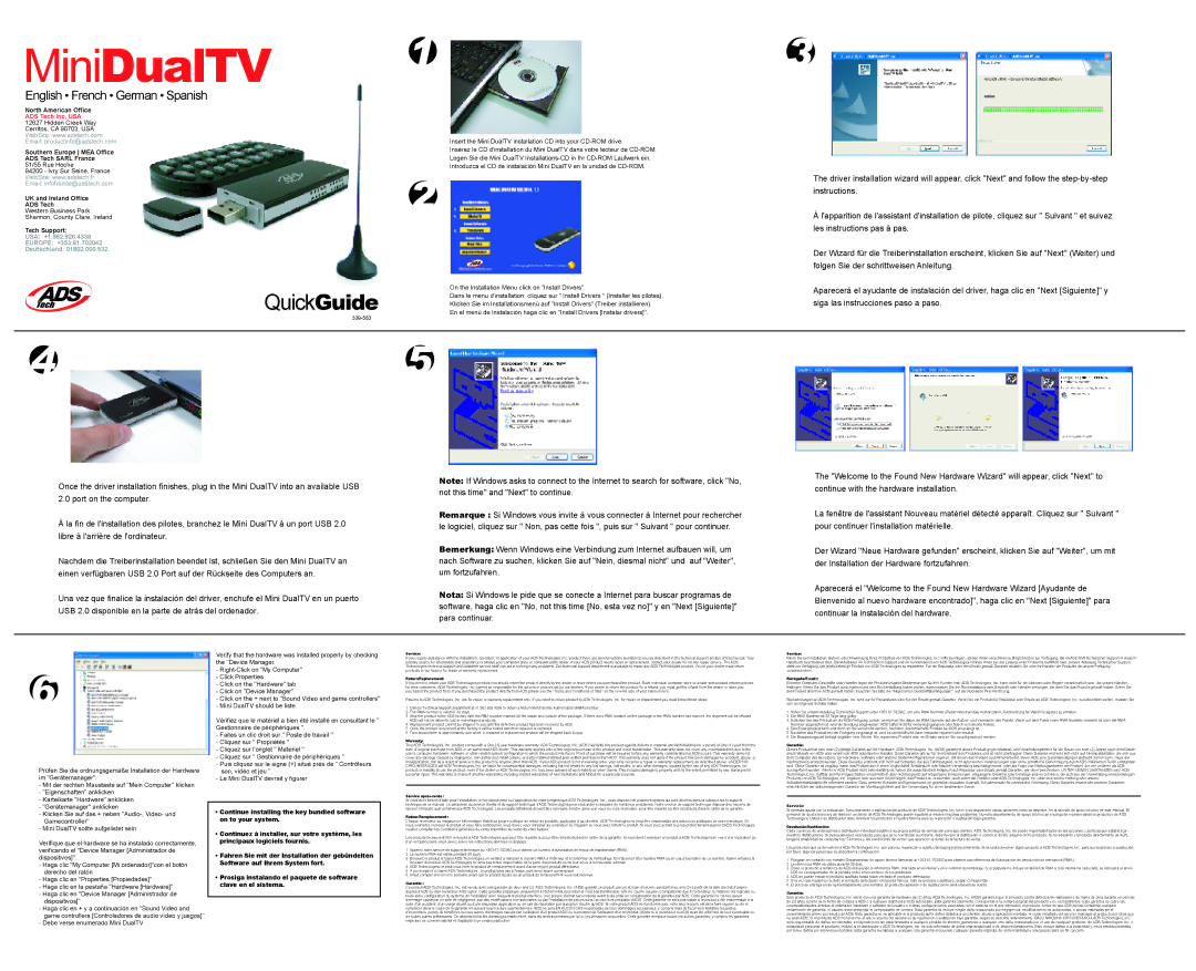 ADS Technologies Mini DualTV warranty Return/Replacement, Warranty, Service après-vente, Retour/Remplacement, Garantie 