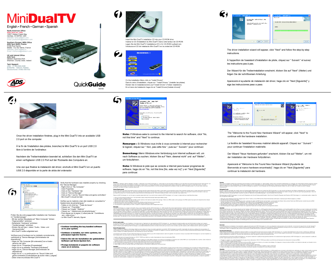 ADS Technologies Mini DualTV warranty MiniDualTV, QuickGuide, English French German Spanish 