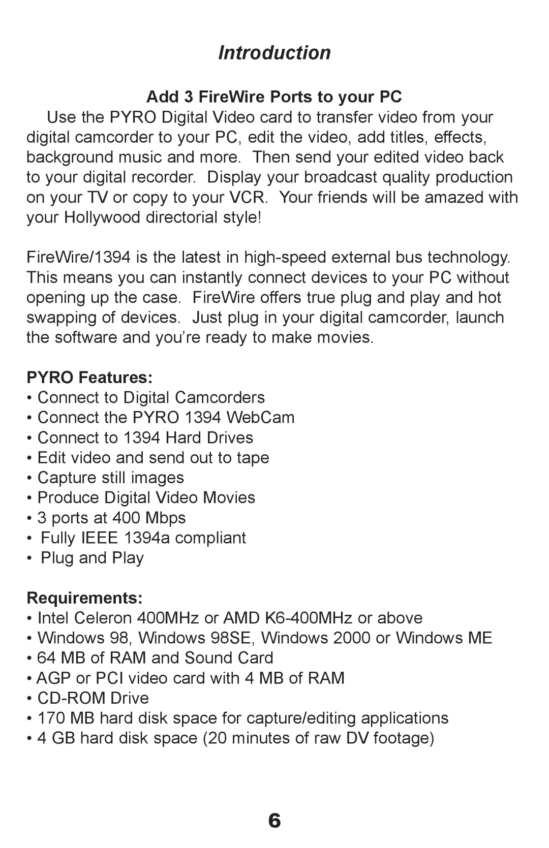 ADS Technologies None manual Introduction, Add 3 FireWire Ports to your PC, Pyro Features, Requirements 