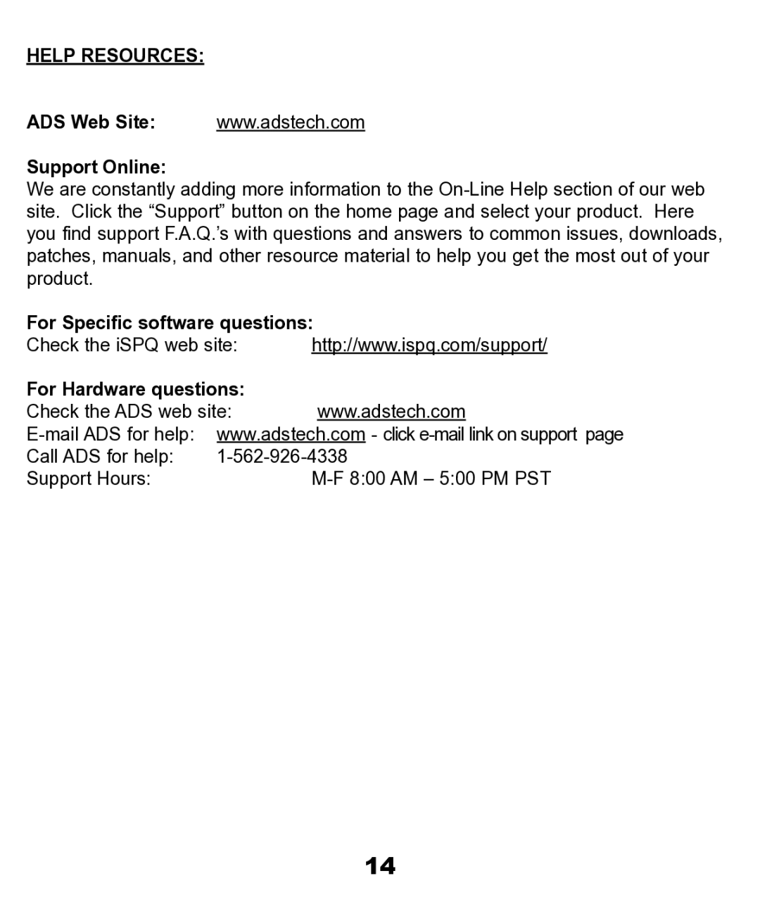 ADS Technologies PYRO 1394 manual ADS Web Site Support Online, For Specific software questions, For Hardware questions 