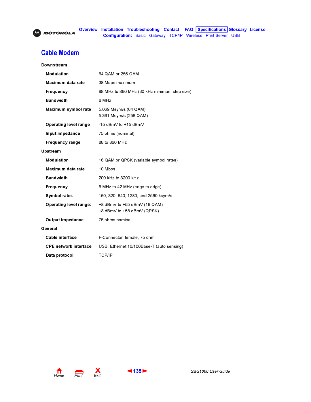 ADS Technologies SBG1000 manual Cable Modem, 135 