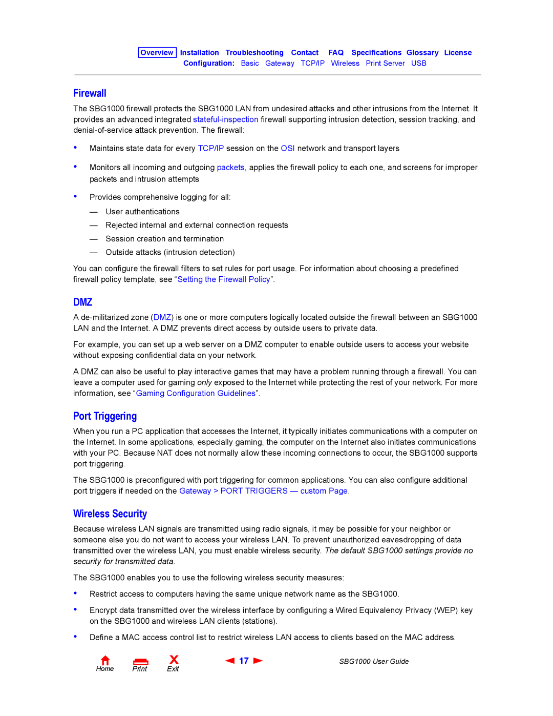 ADS Technologies SBG1000 manual Firewall, Port Triggering, Wireless Security 