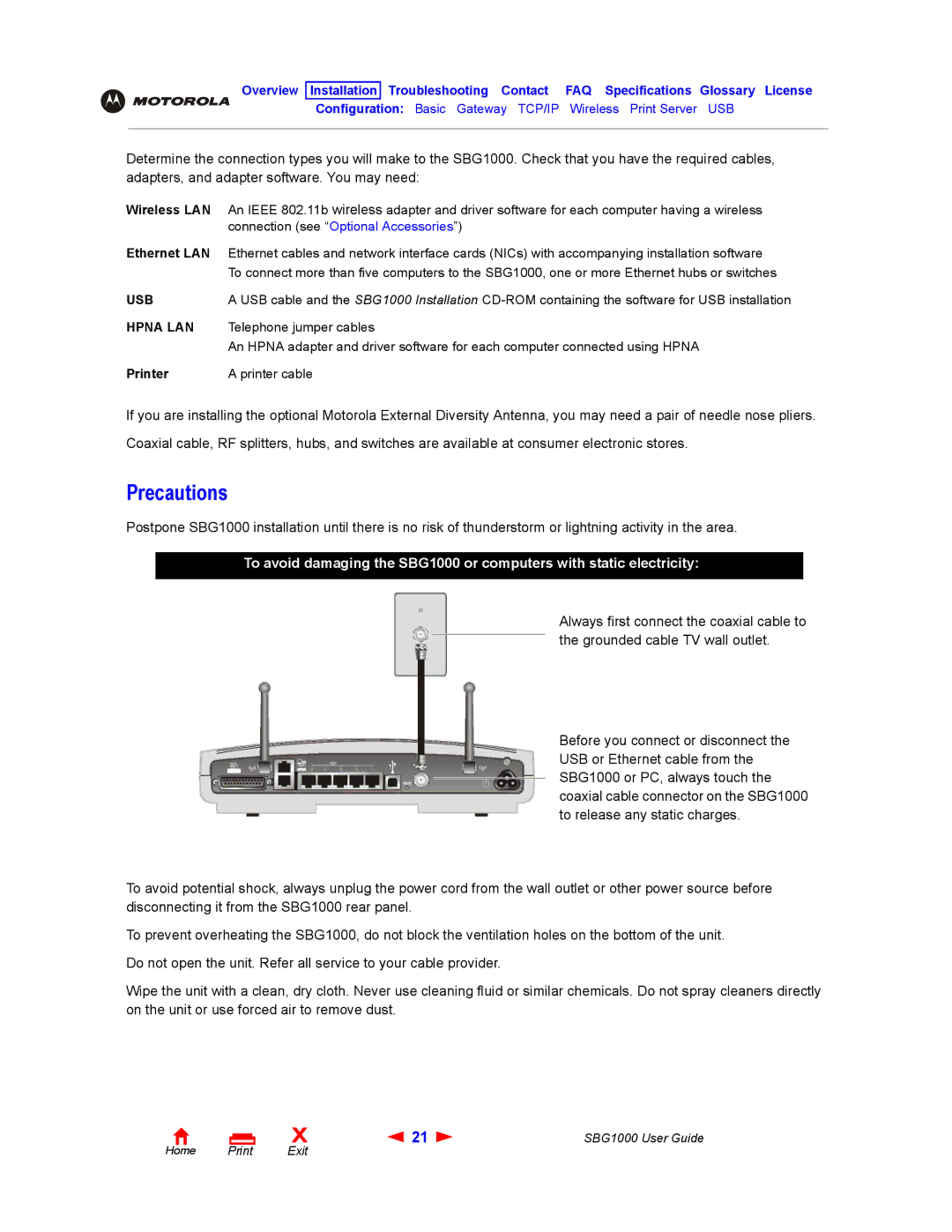 ADS Technologies SBG1000 manual Precautions, Usb, Hpna LAN 